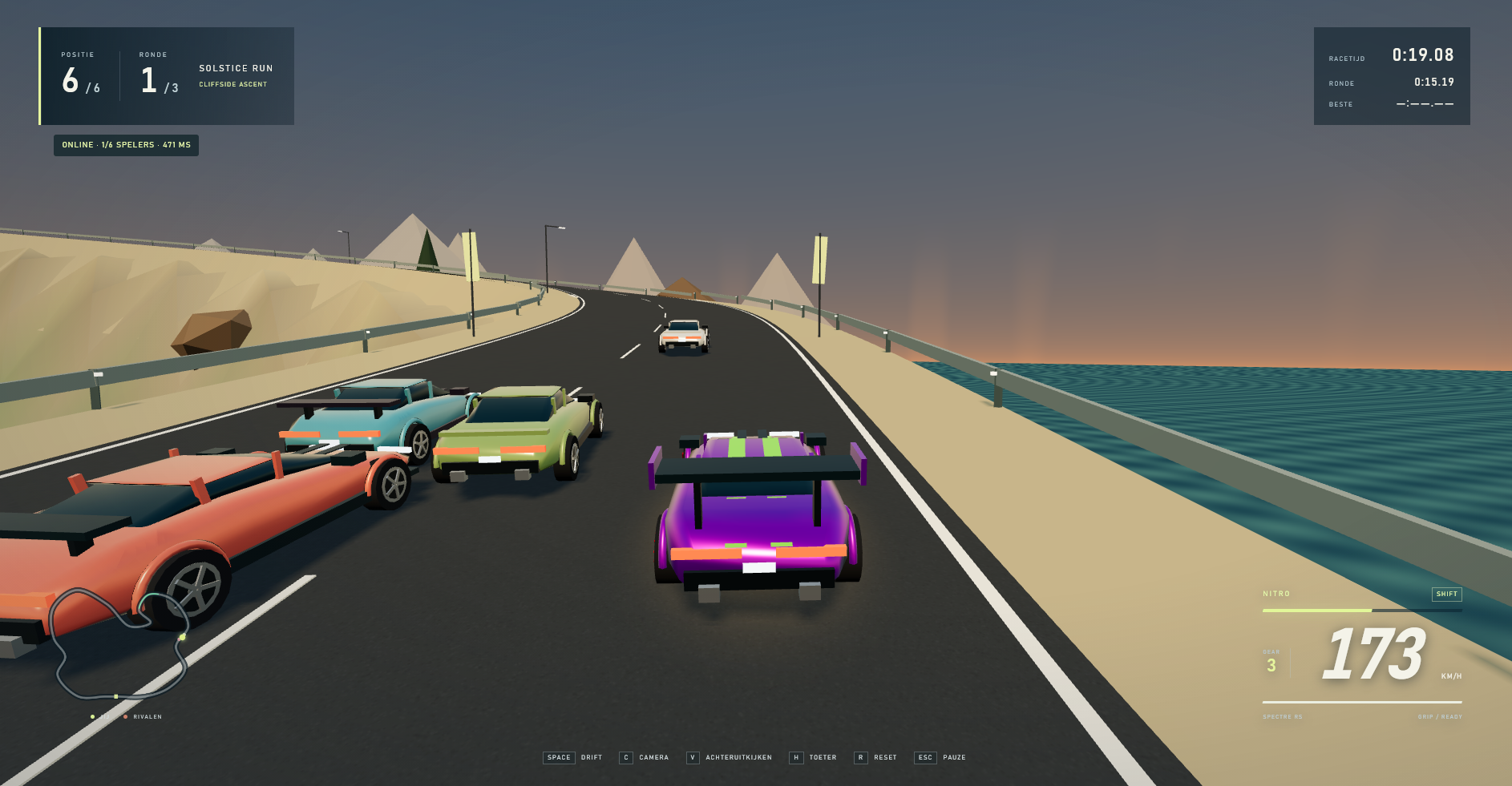 Coastline Afterburn gameplay: sports cars racing along a coastal road