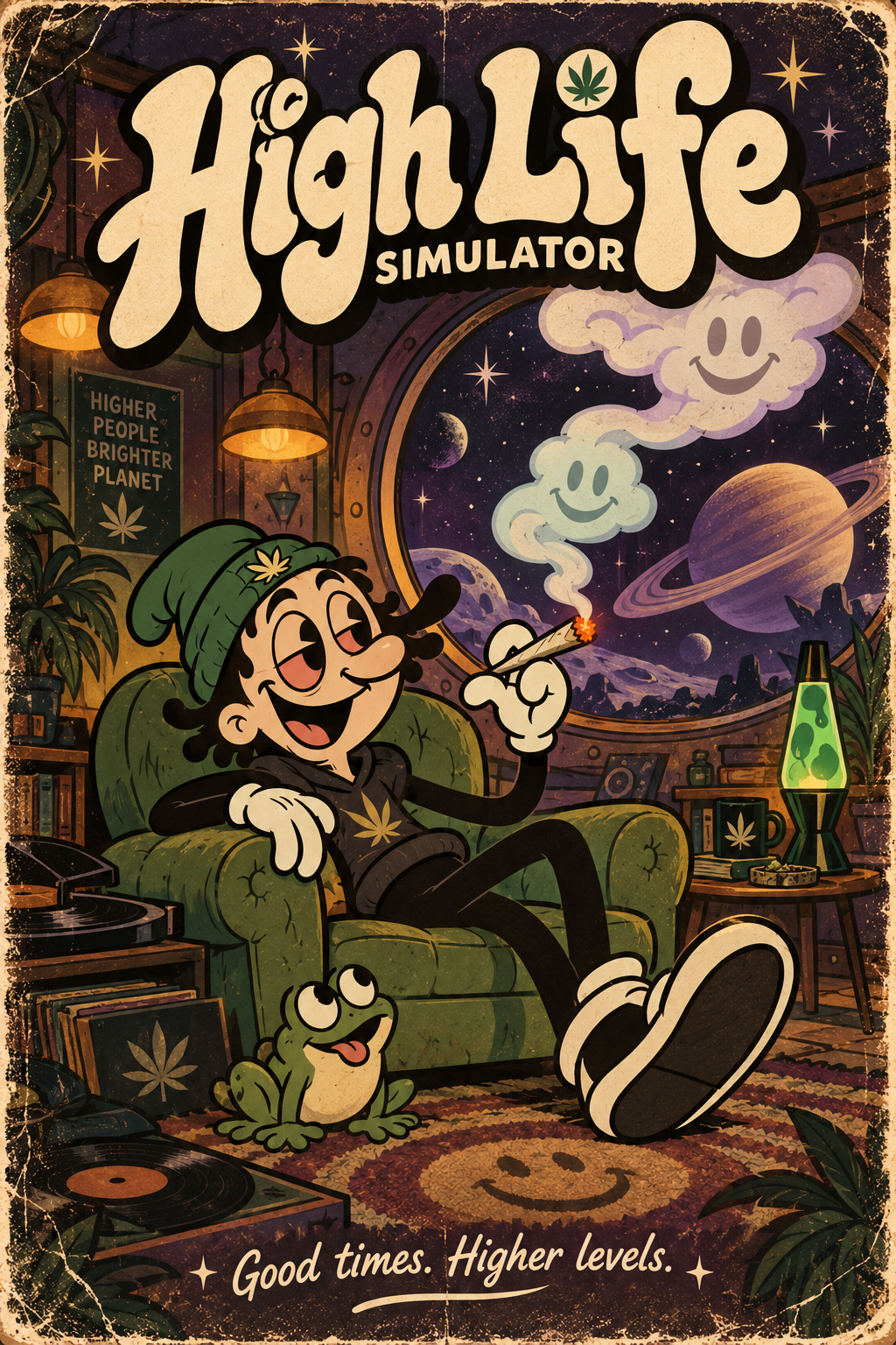 Highlife cover: a cartoon lounge with an armchair, pets and a cosmic window